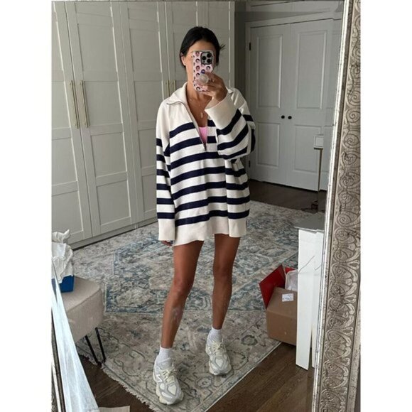 FREE PEOPLE Coastal Stripe Pullover in Champagne Navy Combo Size Medium - Picture 1 of 16